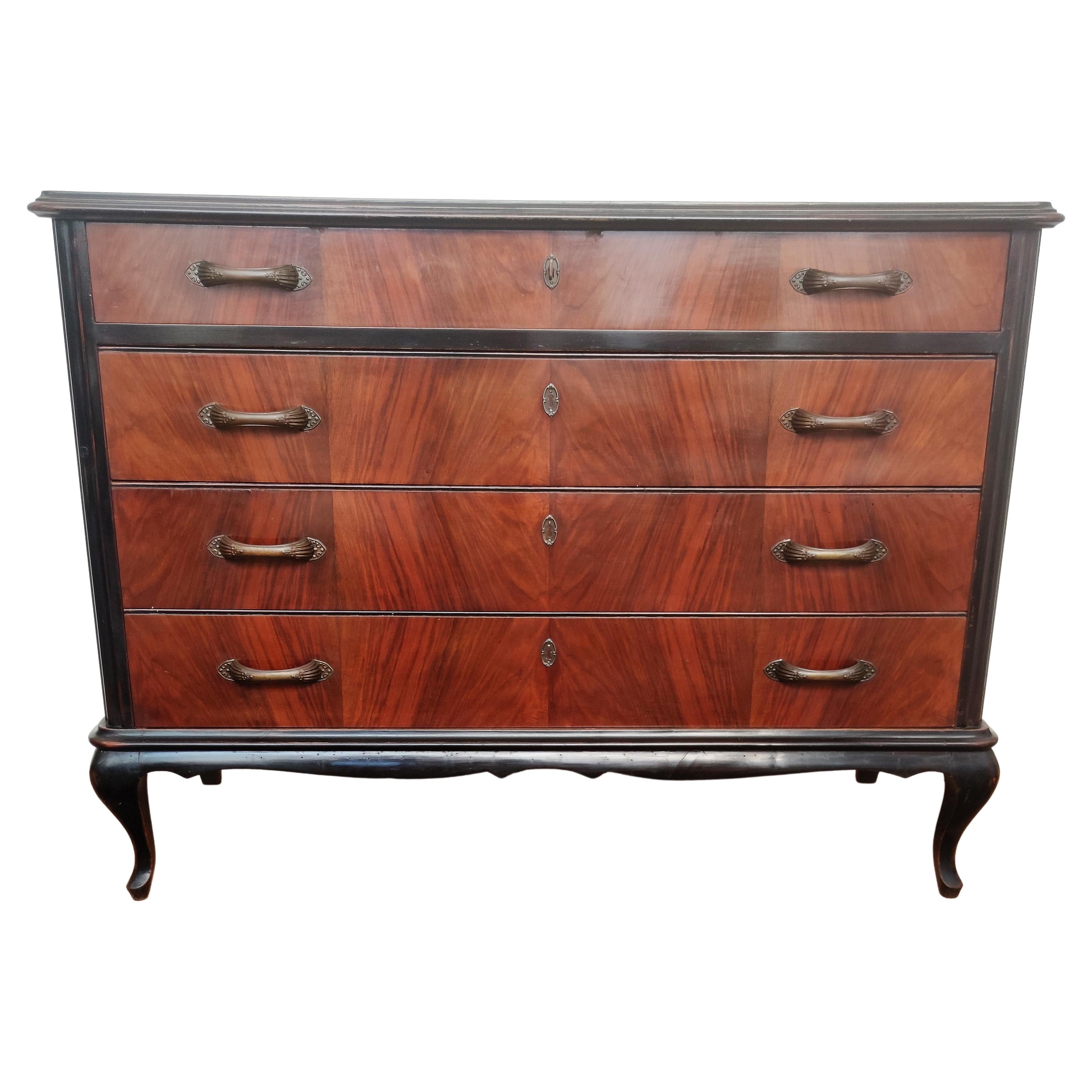 Italian Mid-Century Modern Wood and Brass Commode Dresser Chest of 4 Drawers For Sale