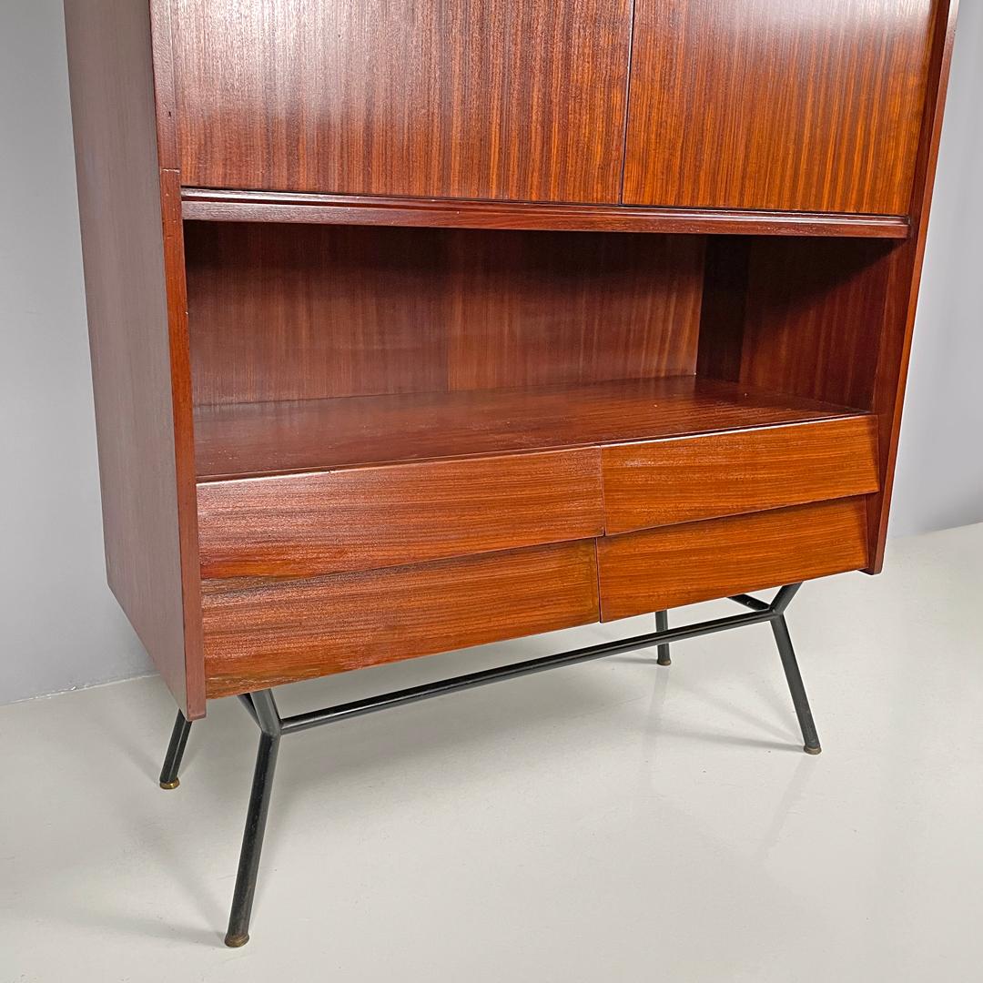 Italian mid-century modern wood and brass highboard with doors and drawers 1960s For Sale 11