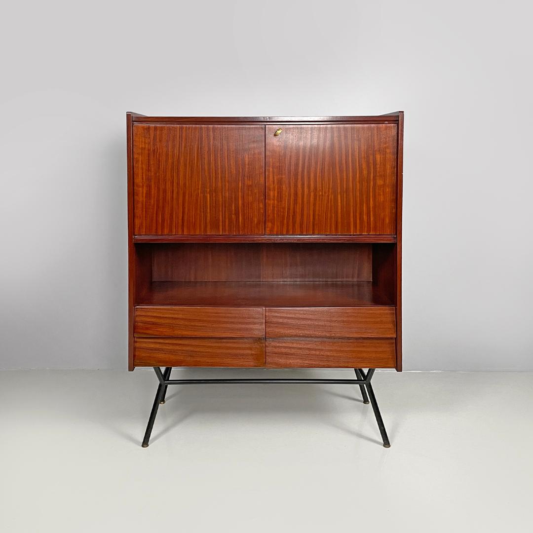 Mid-Century Modern Italian mid-century modern wood and brass highboard with doors and drawers 1960s For Sale