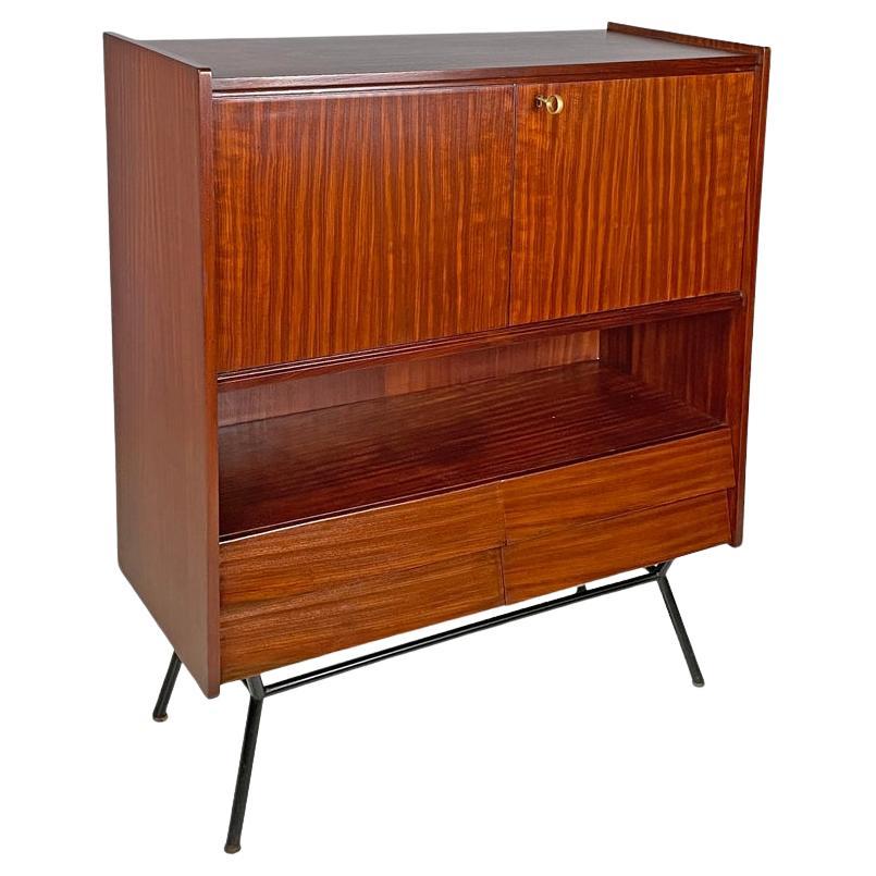 Italian mid-century modern wood and brass highboard with doors and drawers 1960s