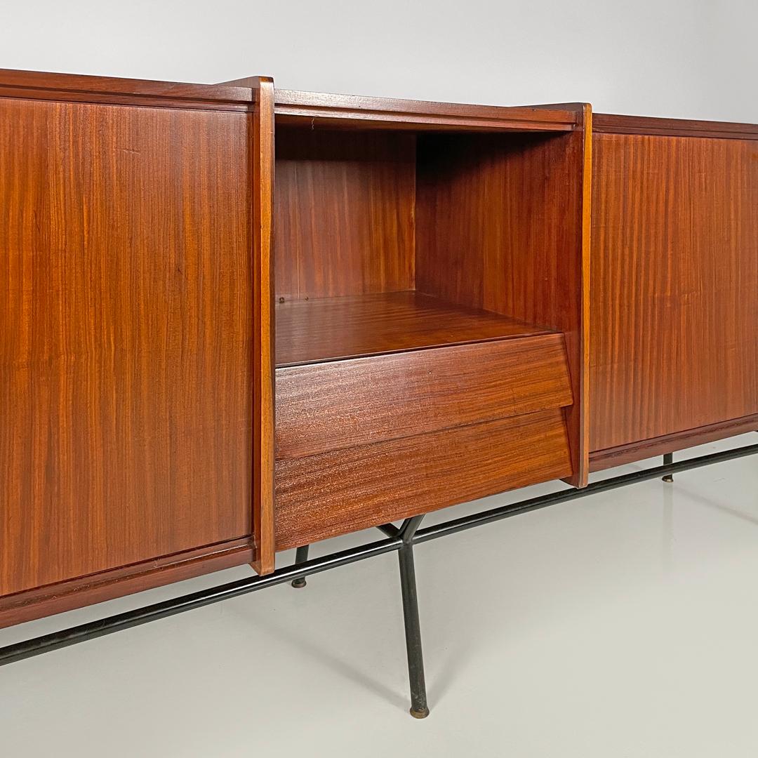 Italian mid-century modern wood and brass sideboard with drawers and doors 1960s 4