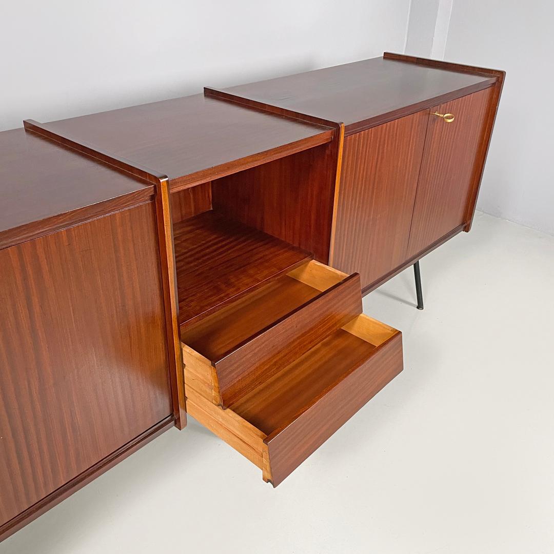 Italian mid-century modern wood and brass sideboard with drawers and doors 1960s 5