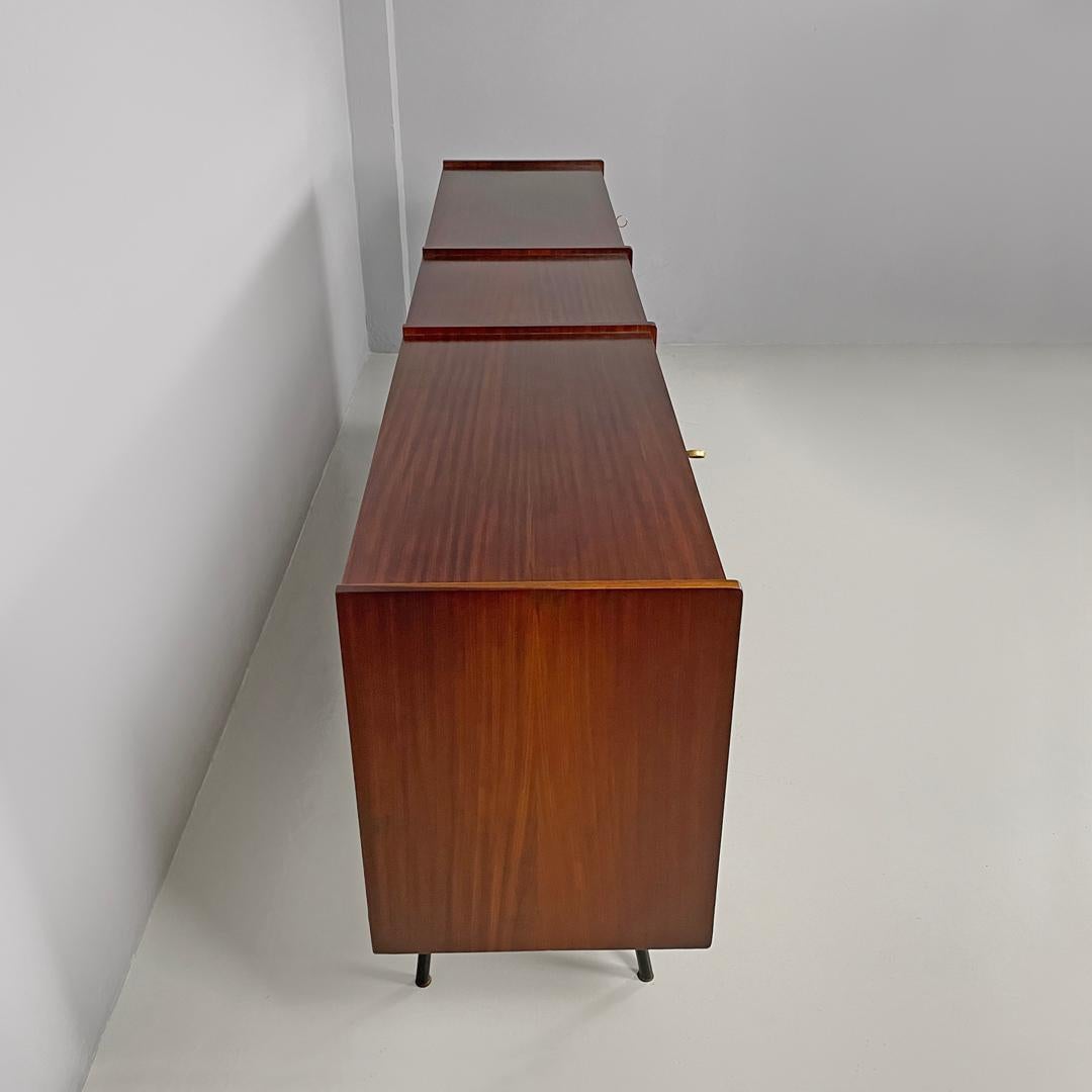 Metal Italian mid-century modern wood and brass sideboard with drawers and doors 1960s