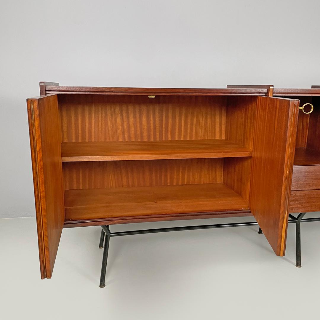 Italian mid-century modern wood and brass sideboard with drawers and doors 1960s 3