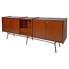 Italian mid-century modern wood and brass sideboard with drawers and doors 1960s
