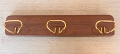 Italian, Mid-Century Modern Wood and Brass Wall Coat Hanger, 1960s