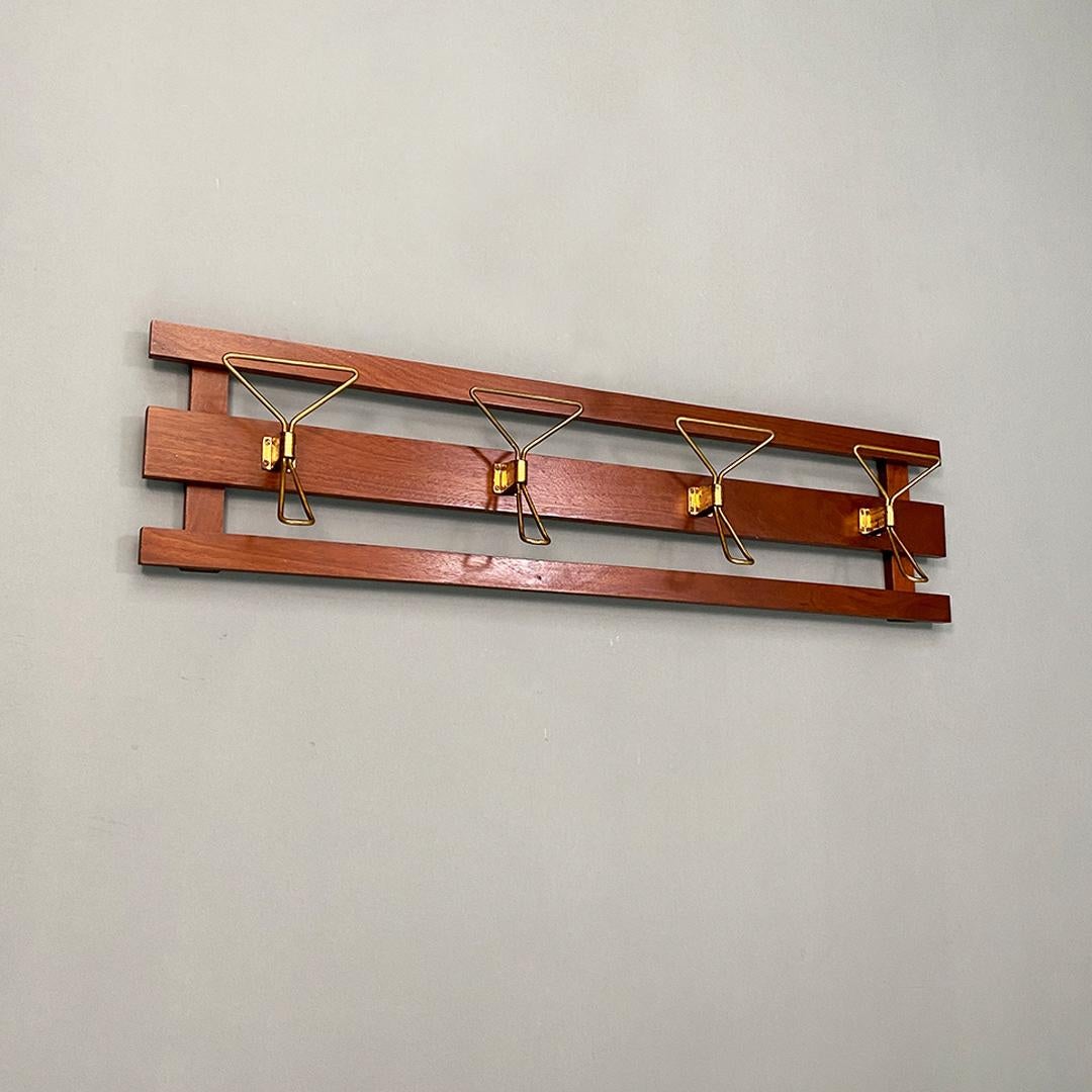 Mid-20th Century Italian Mid-Century Modern Wood and Brass Wall Coat Hanger, 1960s For Sale