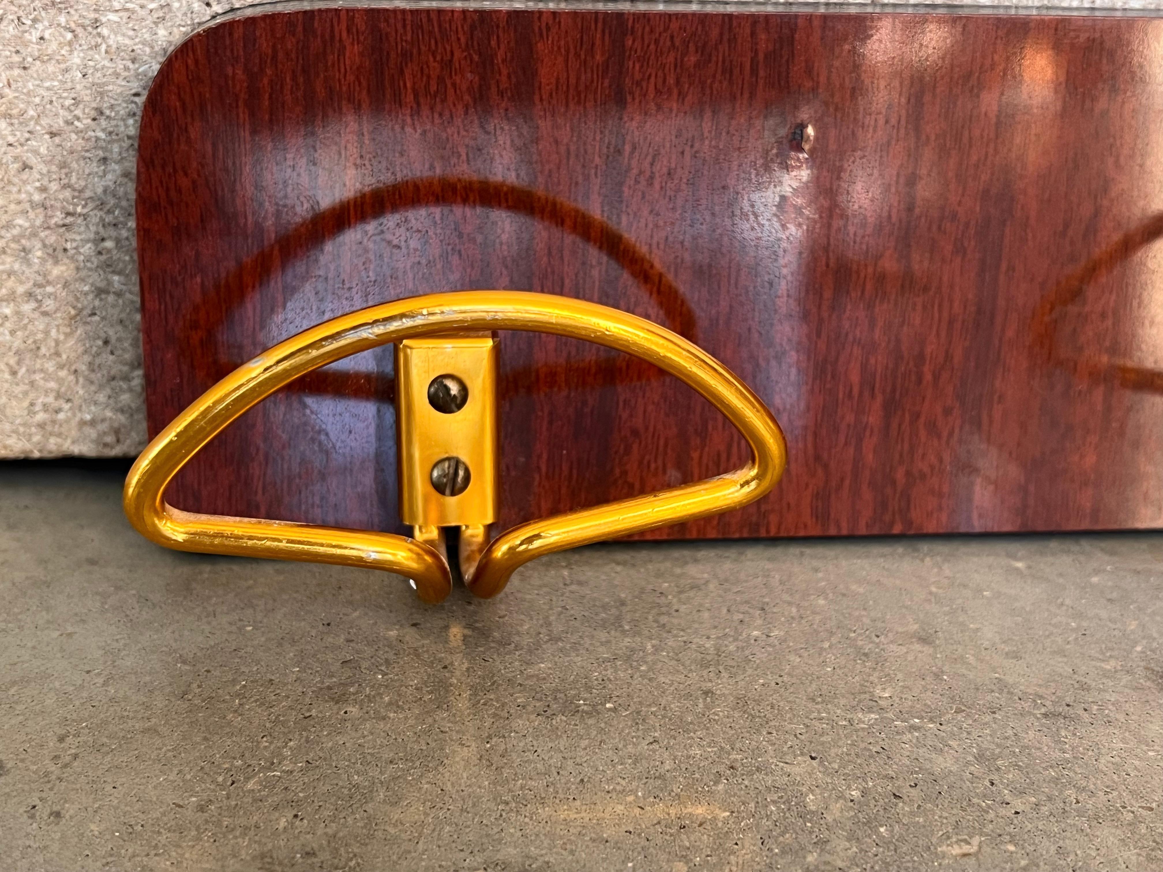 Italian, Mid-Century Modern Wood and Brass Wall Coat Hanger, 1960s For Sale 1