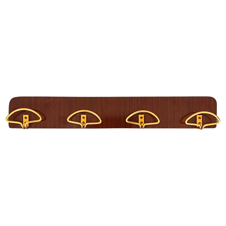Italian MidCentury Modern Wood and Brass Wall Coat Hanger, 1960s For