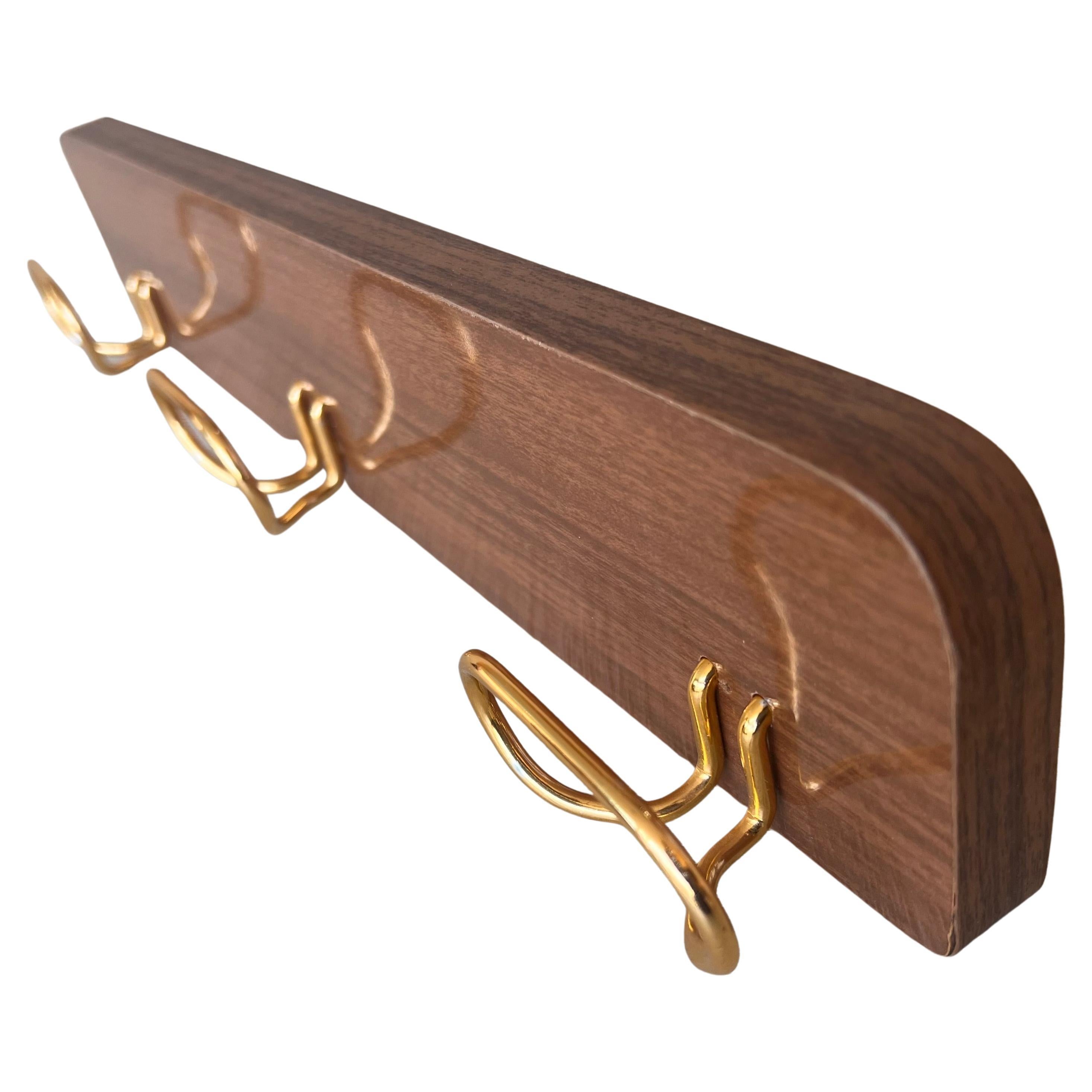 Italian, Mid-Century Modern Wood and Brass Wall Coat Hanger, 1960s For Sale