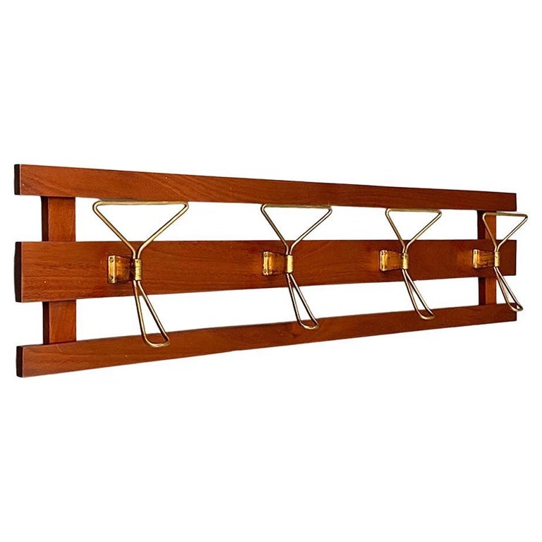 Italian MidCentury Modern Wood and Brass Wall Coat Hanger, 1960s For