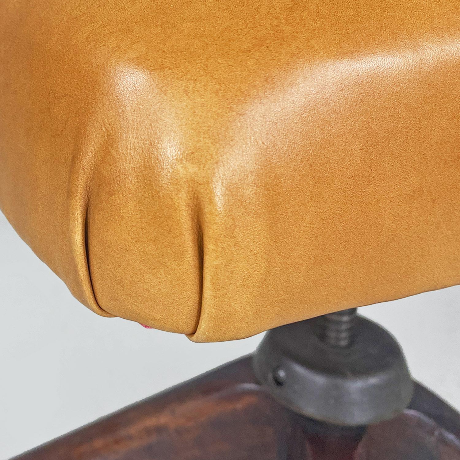 Italian mid-century modern wood and brown leather swivel office armchair, 1960s 4