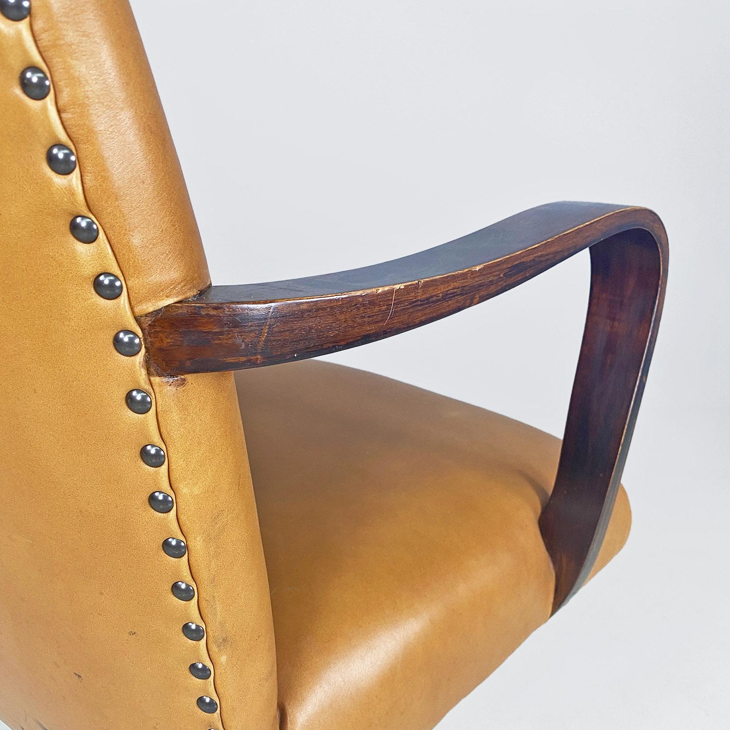 Italian mid-century modern wood and brown leather swivel office armchair, 1960s 7