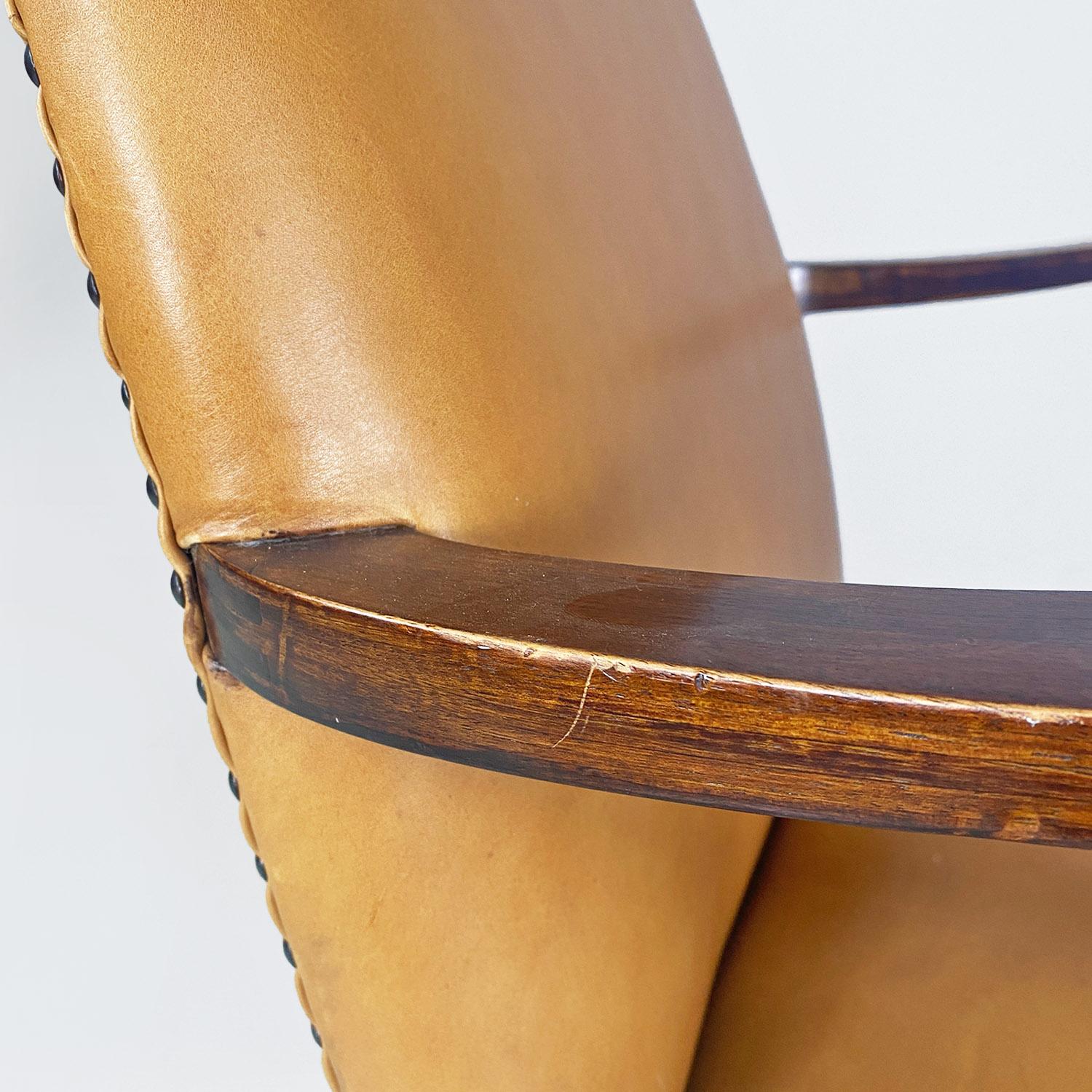 Italian mid-century modern wood and brown leather swivel office armchair, 1960s 2