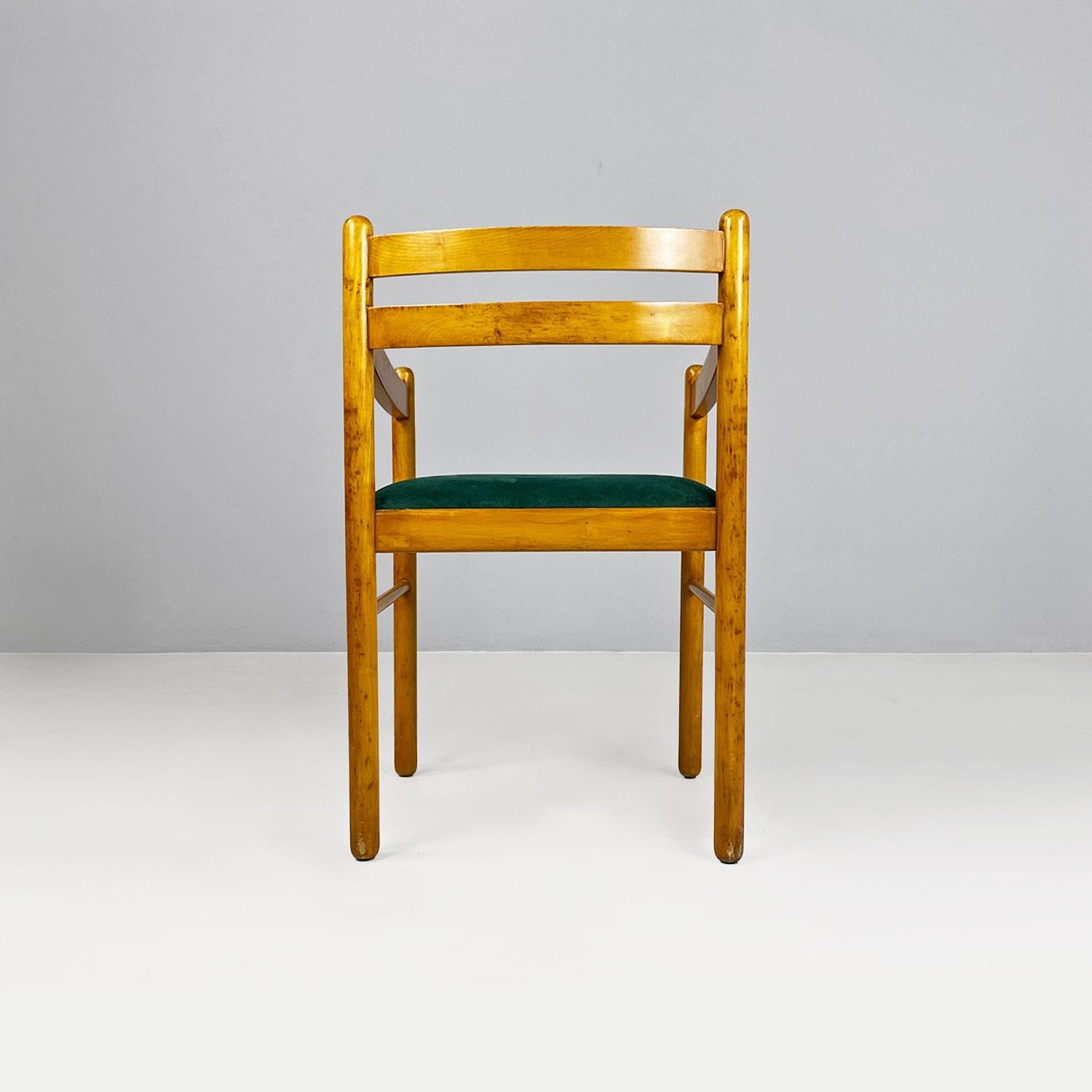 Velvet Italian mid-century modern wood and forest green velvet chair with armrest, 1960 For Sale