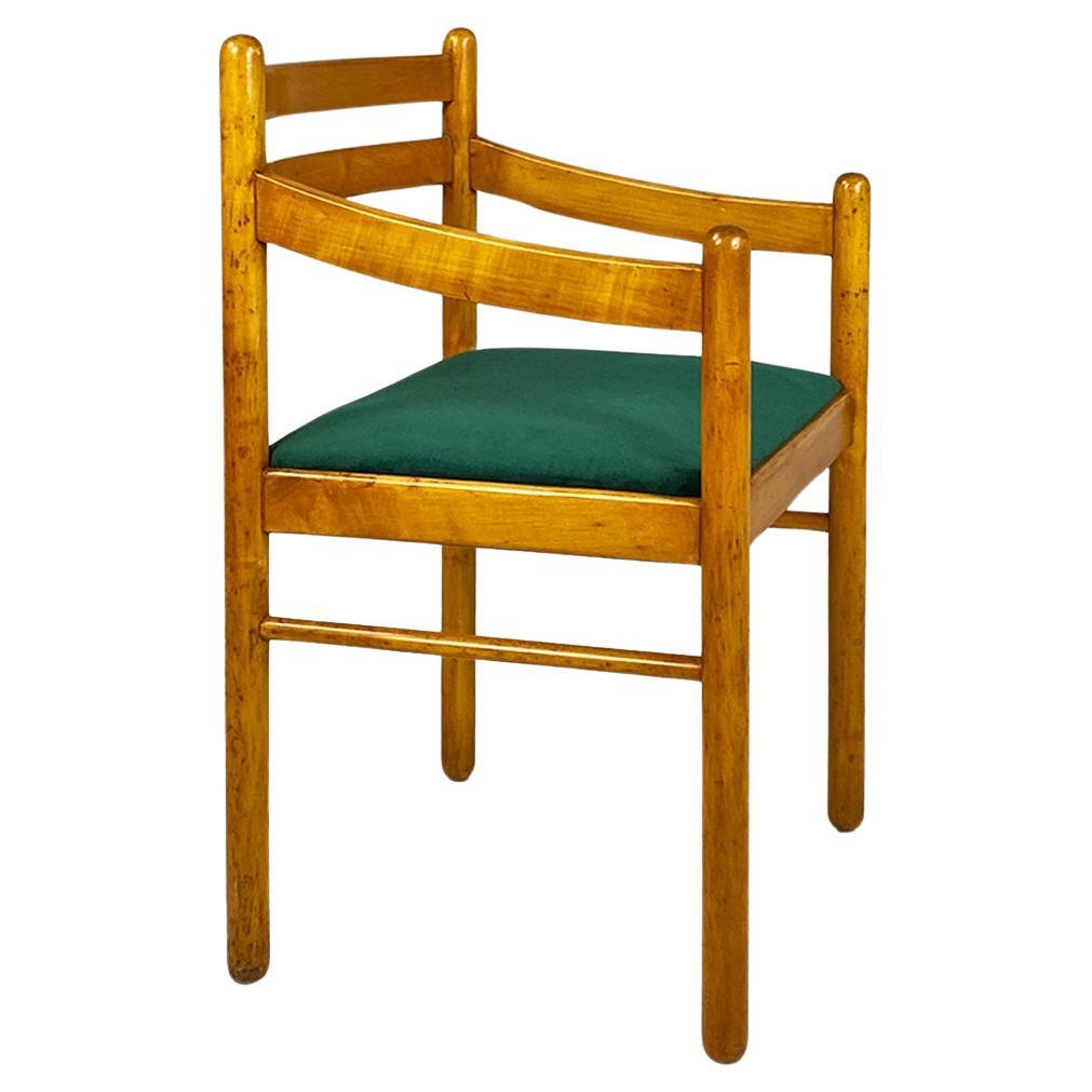 Italian mid-century modern wood and forest green velvet chair with armrest, 1960