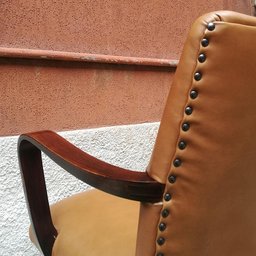 Mid-20th Century Italian Mid-Century Modern Wood and Leather Swivel Office Armchair, 1960s For Sale