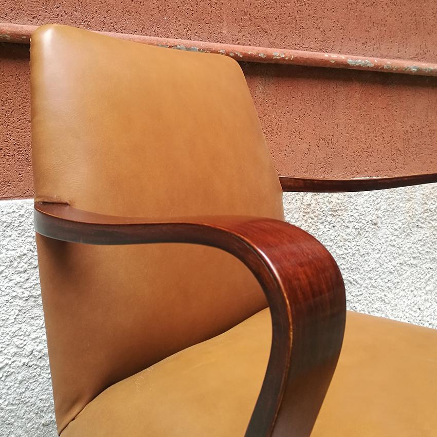 Metal Italian Mid-Century Modern Wood and Leather Swivel Office Armchair, 1960s For Sale