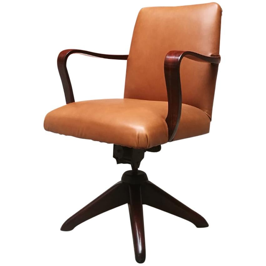 Italian Mid-Century Modern Wood and Leather Swivel Office Armchair, 1960s For Sale