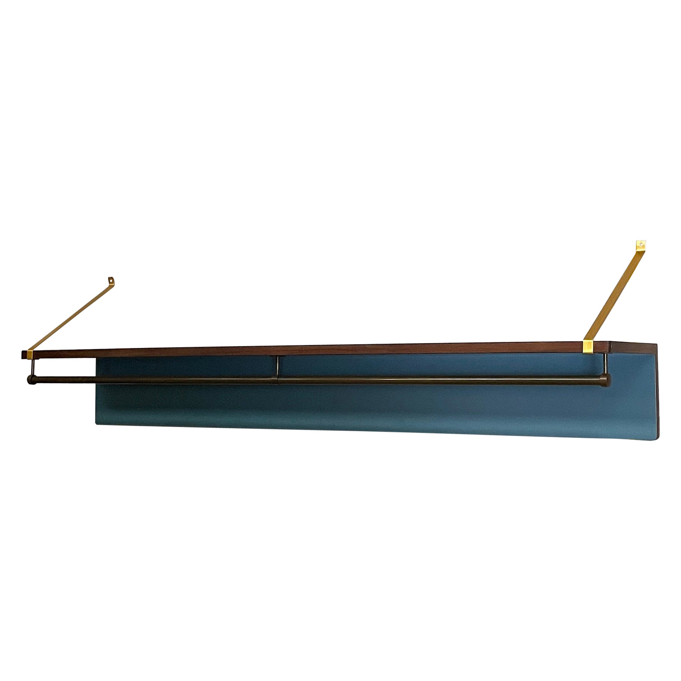 Italian mid-century modern wood and metal wall coat rack with hat rack, 1960s