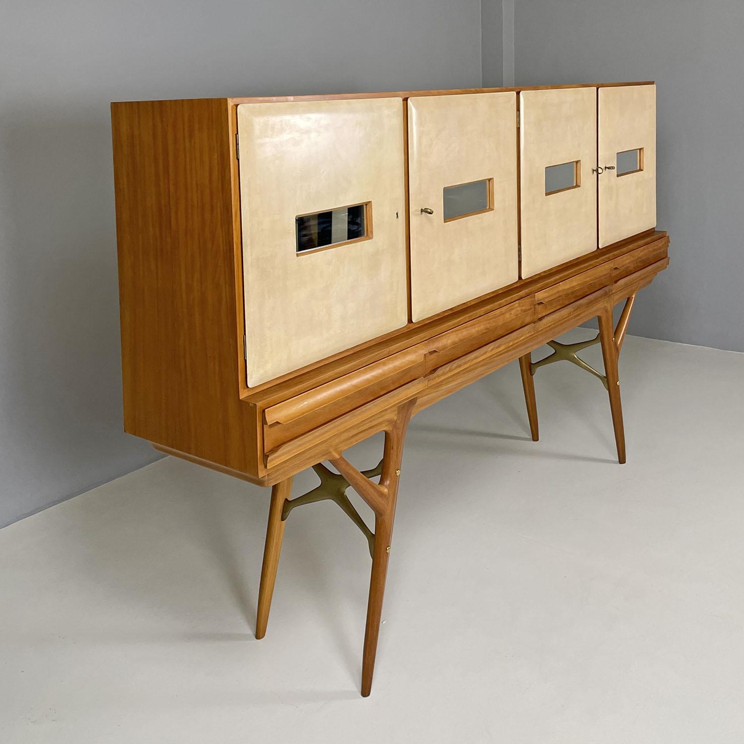 Mid-20th Century Italian mid-century modern wood and parchment highboard Palazzi dell'Arte, 1950s For Sale
