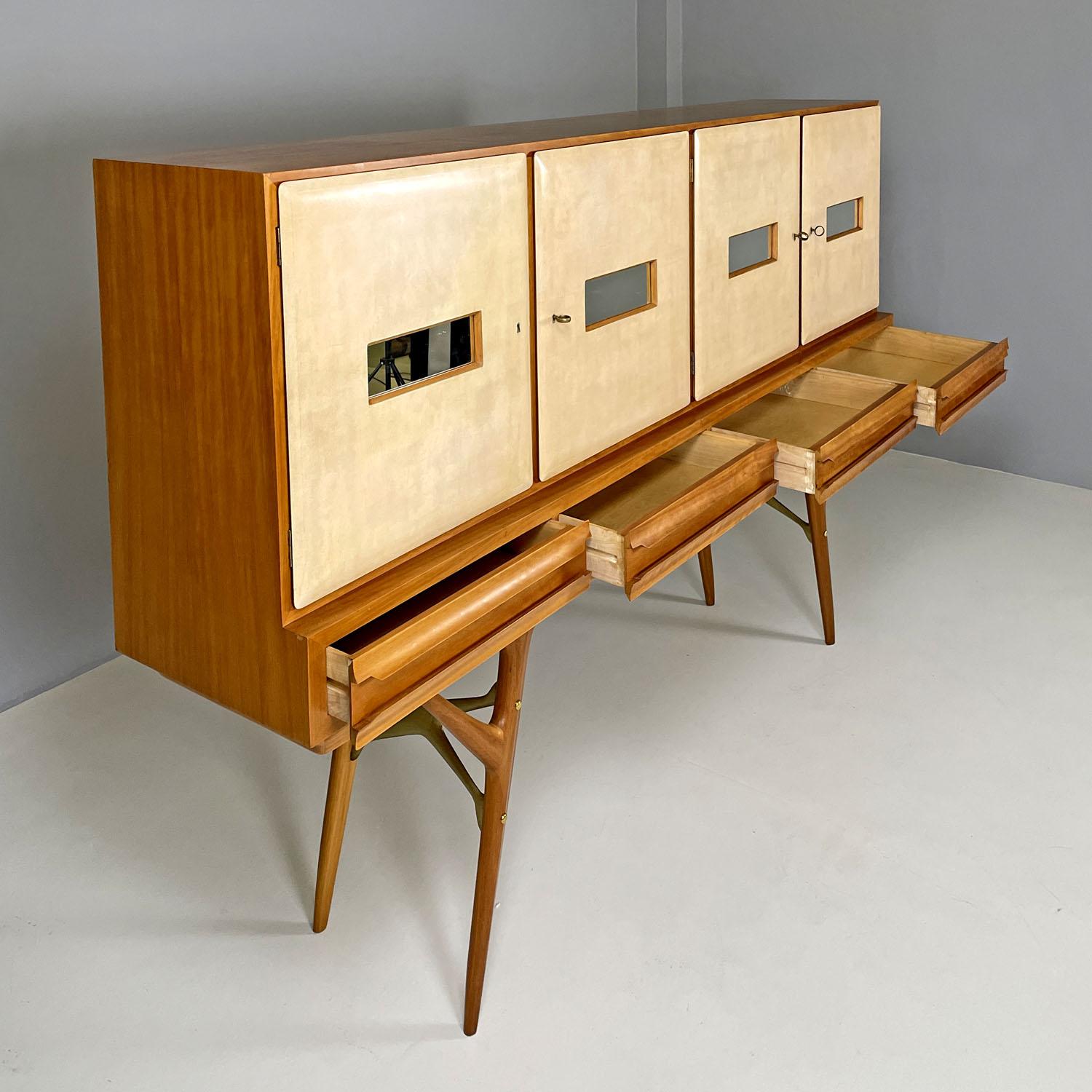 Mirror Italian mid-century modern wood and parchment highboard Palazzi dell'Arte, 1950s For Sale