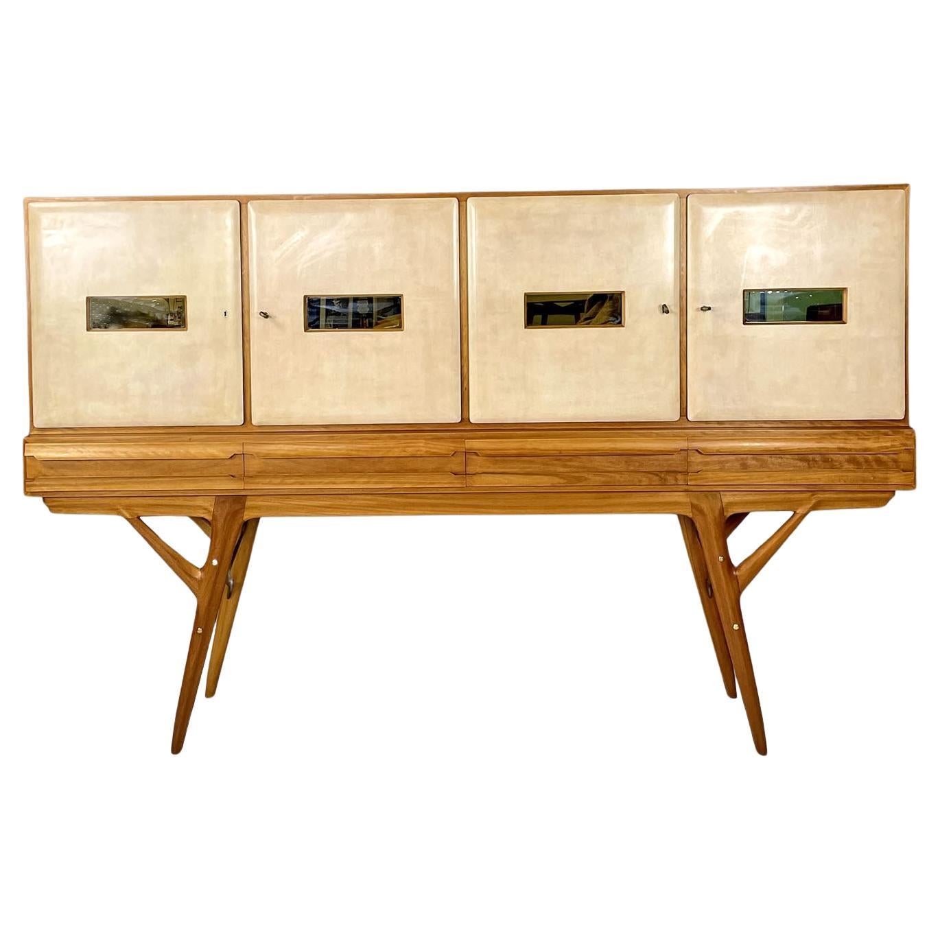 Italian mid-century modern wood and parchment highboard Palazzi dell'Arte, 1950s For Sale