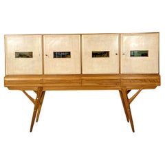 Retro Italian mid-century modern wood and parchment highboard Palazzi dell'Arte, 1950s
