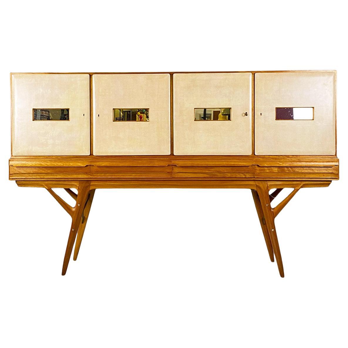 Italian mid-century modern wood and parchment highboard Palazzi dell'Arte, 1950s