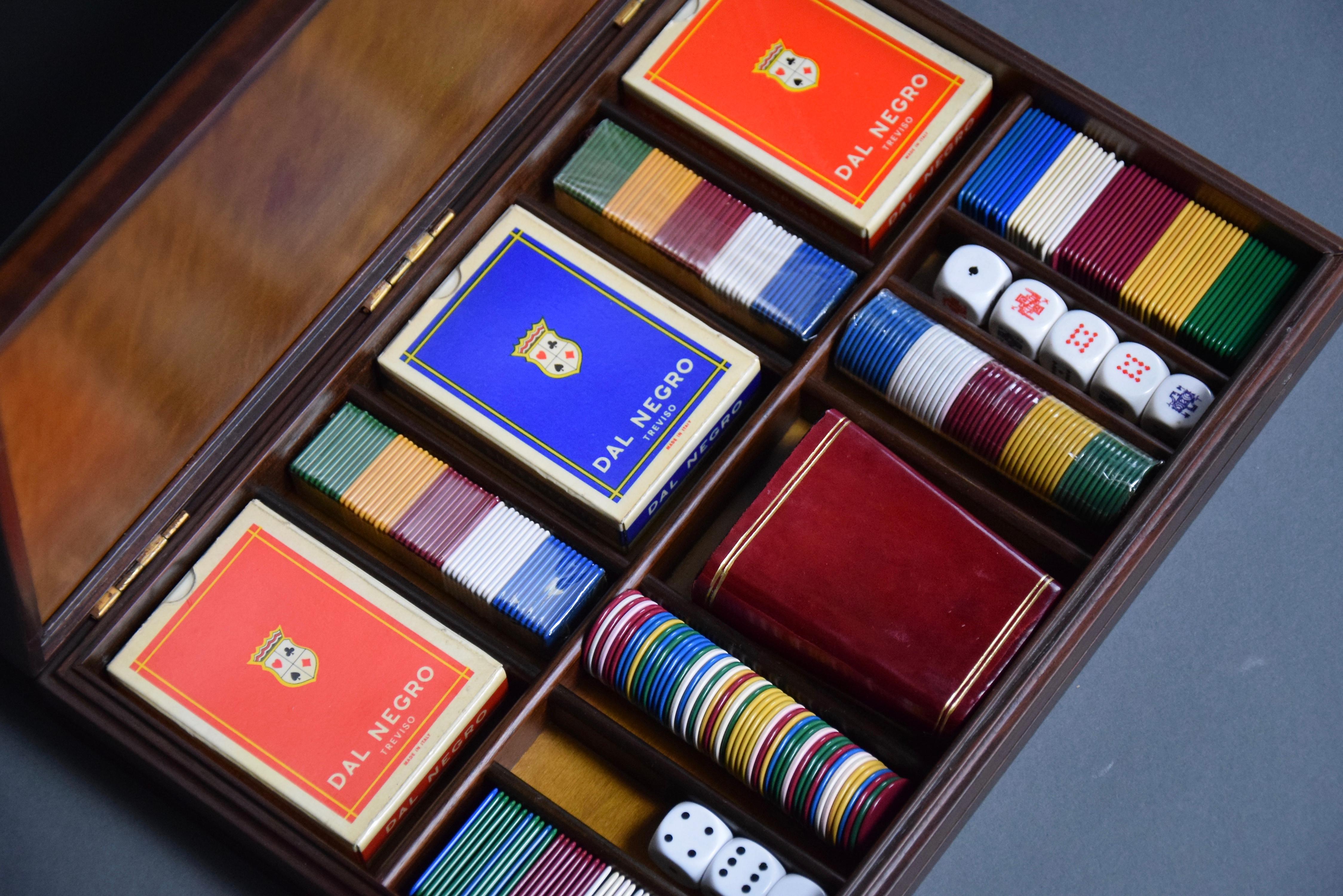 The Italian Mid-Century Modern wood and 925 Silver poker & bridge Game Box by Ottaviani Italy is a stunning piece of craftsmanship that will elevate any gaming experience. The sleek and elegant design is inspired by the iconic mid-century modern