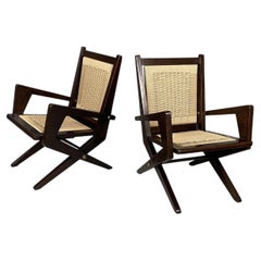 Italian mid-century modern wood and straw armchairs, 1940s
