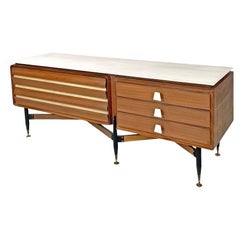 Italian mid-century modern wood and white marble sideboard with drawers, 1960s