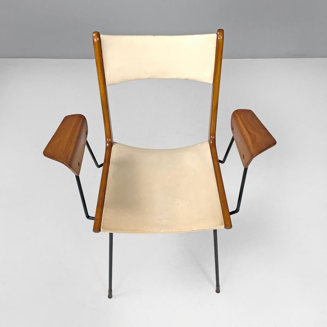 Metal Italian mid-century modern wood black metal and beige leatherette chair, 1950s For Sale