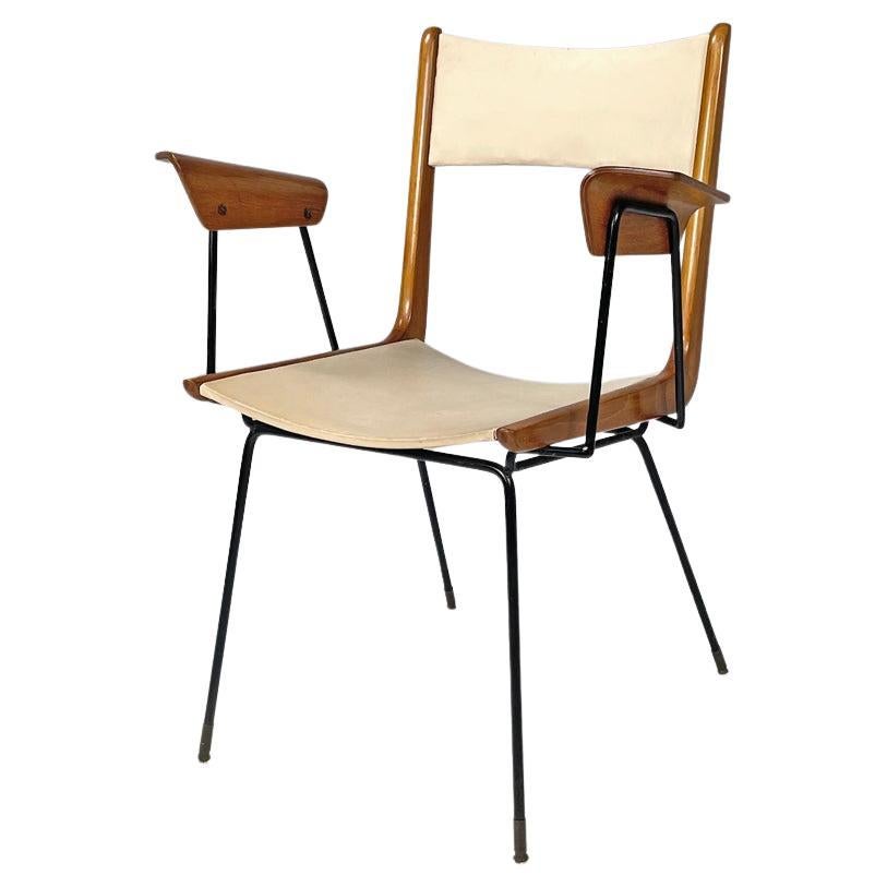 Italian mid-century modern wood black metal and beige leatherette chair, 1950s