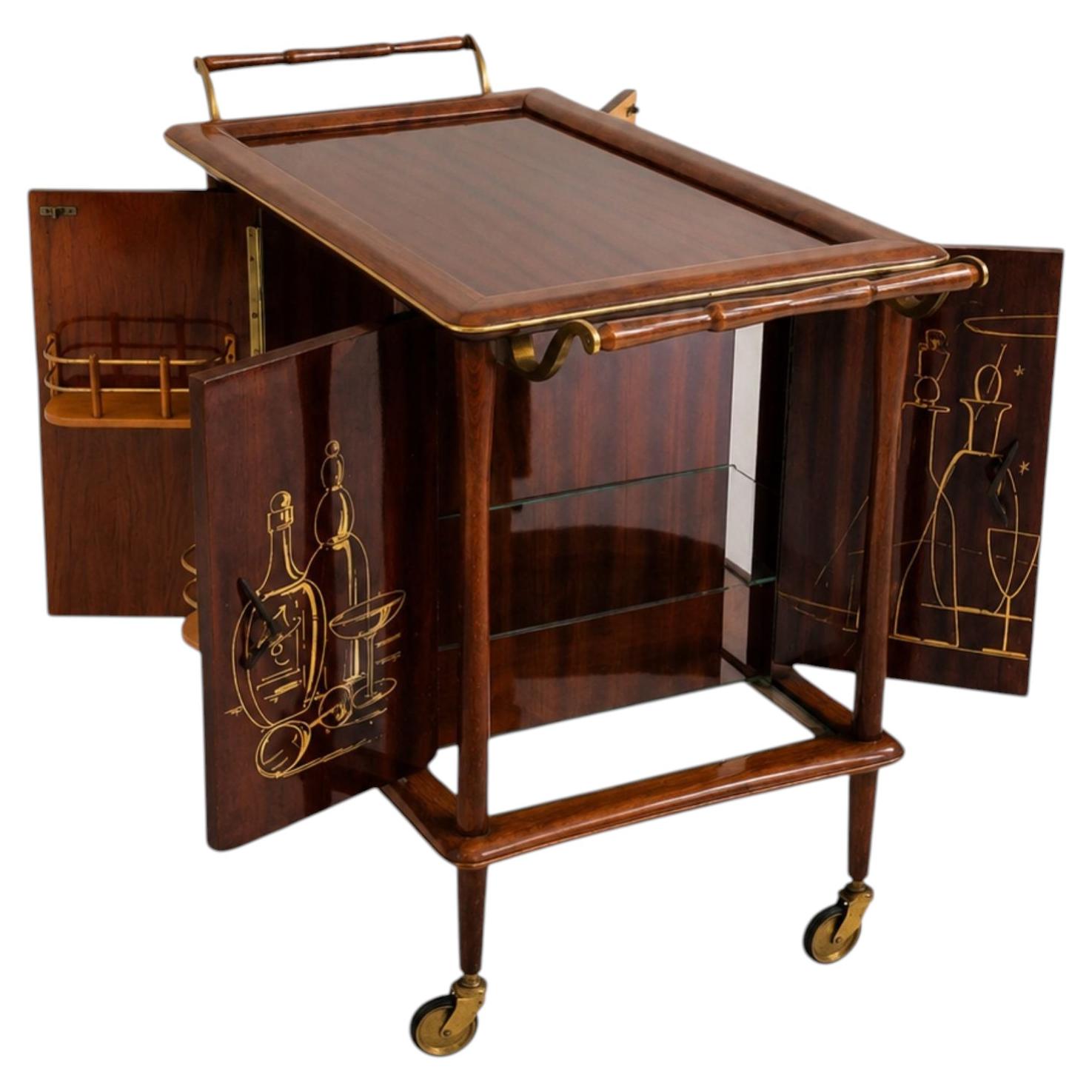 Italian Mid-Century Modern Bar Cart Wood Brass Trolley bar Attributed Ico Parisi