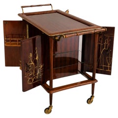 Italian Mid-Century Modern Bar Cart Wood Brass Trolley bar Attributed Ico Parisi