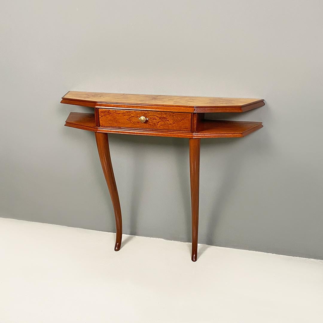 Mid-20th Century Italian Mid-Century Modern Wood, Briar and Brass Console, with Drawer, 1940s