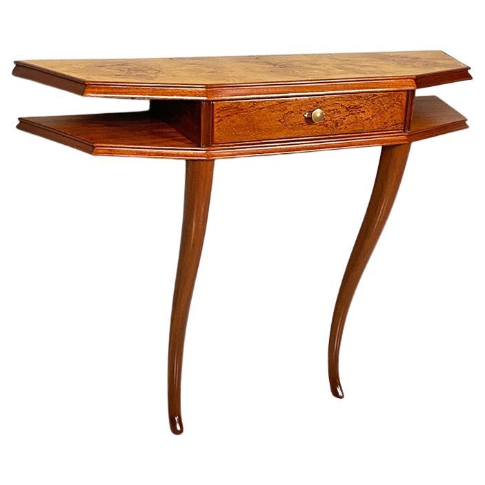 Italian Mid-Century Modern Wood, Briar and Brass Console, with Drawer, 1940s