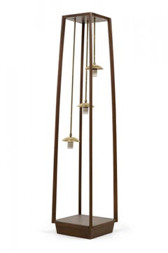 Italian Mid-Century Modern Wood Framed 3-Pendant Brass Floor Lamp