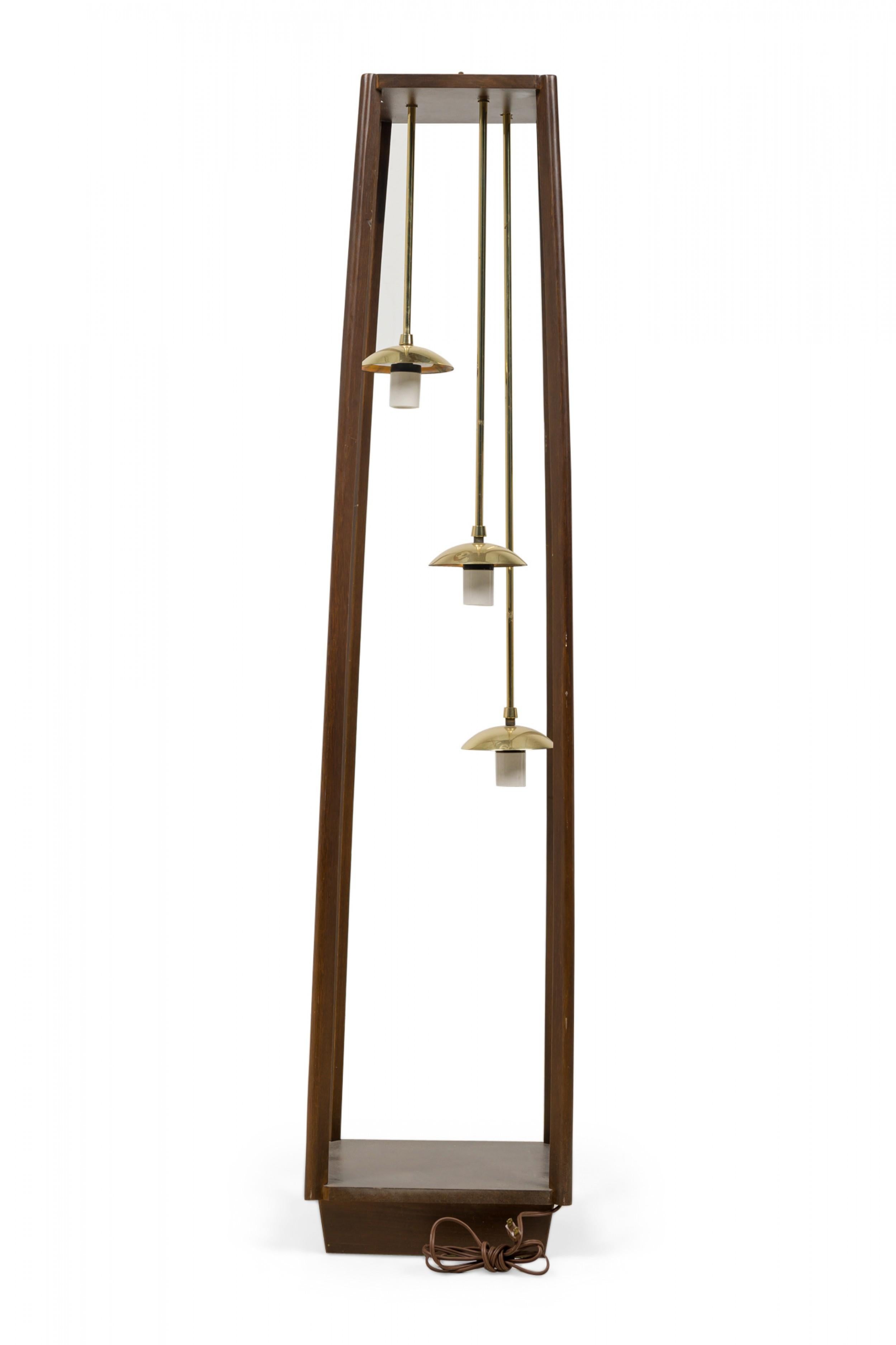 20th Century Italian Mid-Century Modern Wood Framed 3-Pendant Brass Floor Lamp For Sale