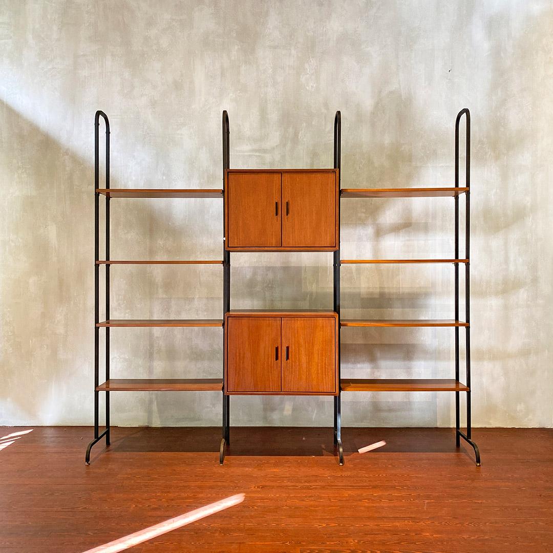 Italian MidCentury Modern Wood, Metal and Brass Freestanding Bookcase, 1960s at 1stDibs