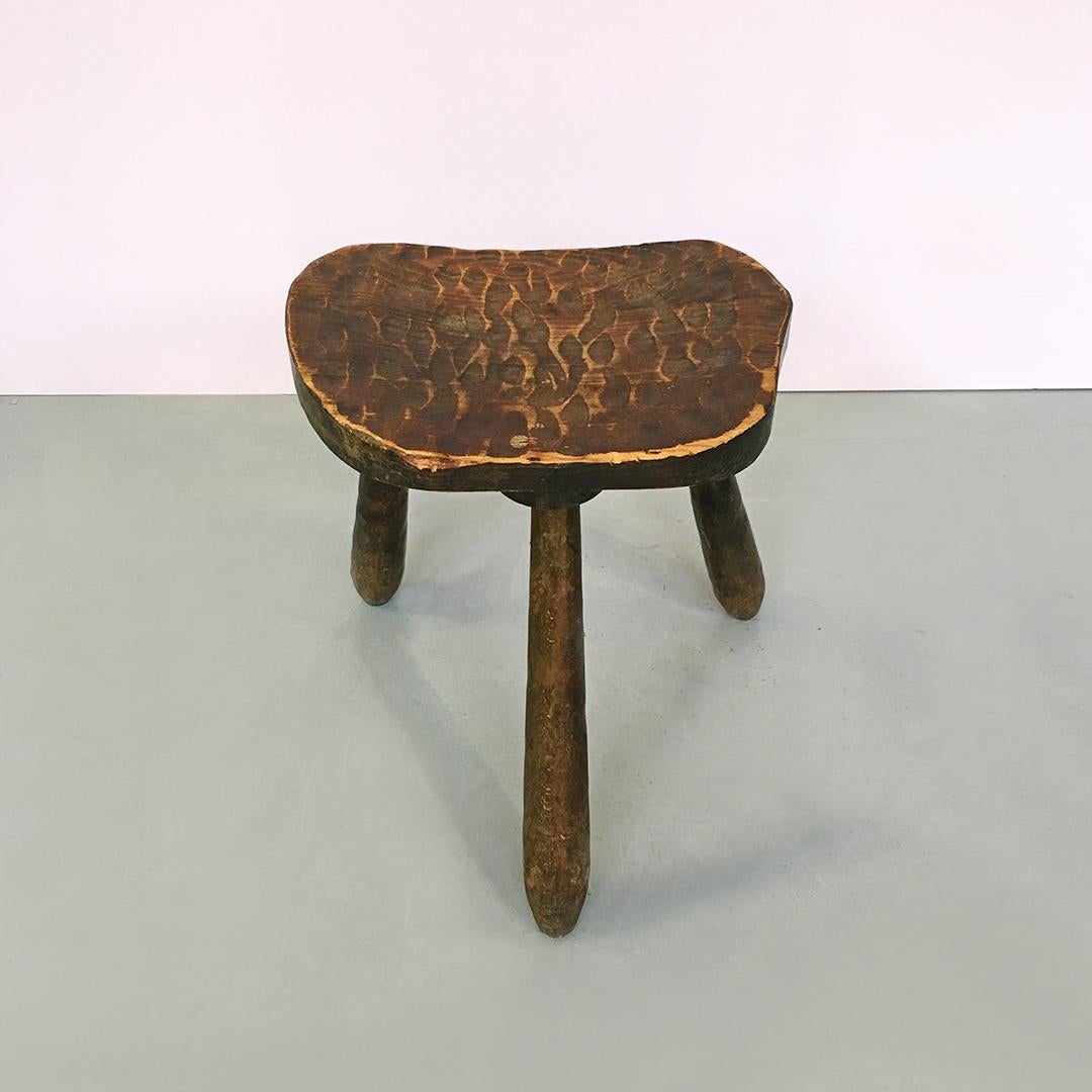 Italian Mid-Century Modern Wood Rustic Stool with Tapered Legs, 1960s 1