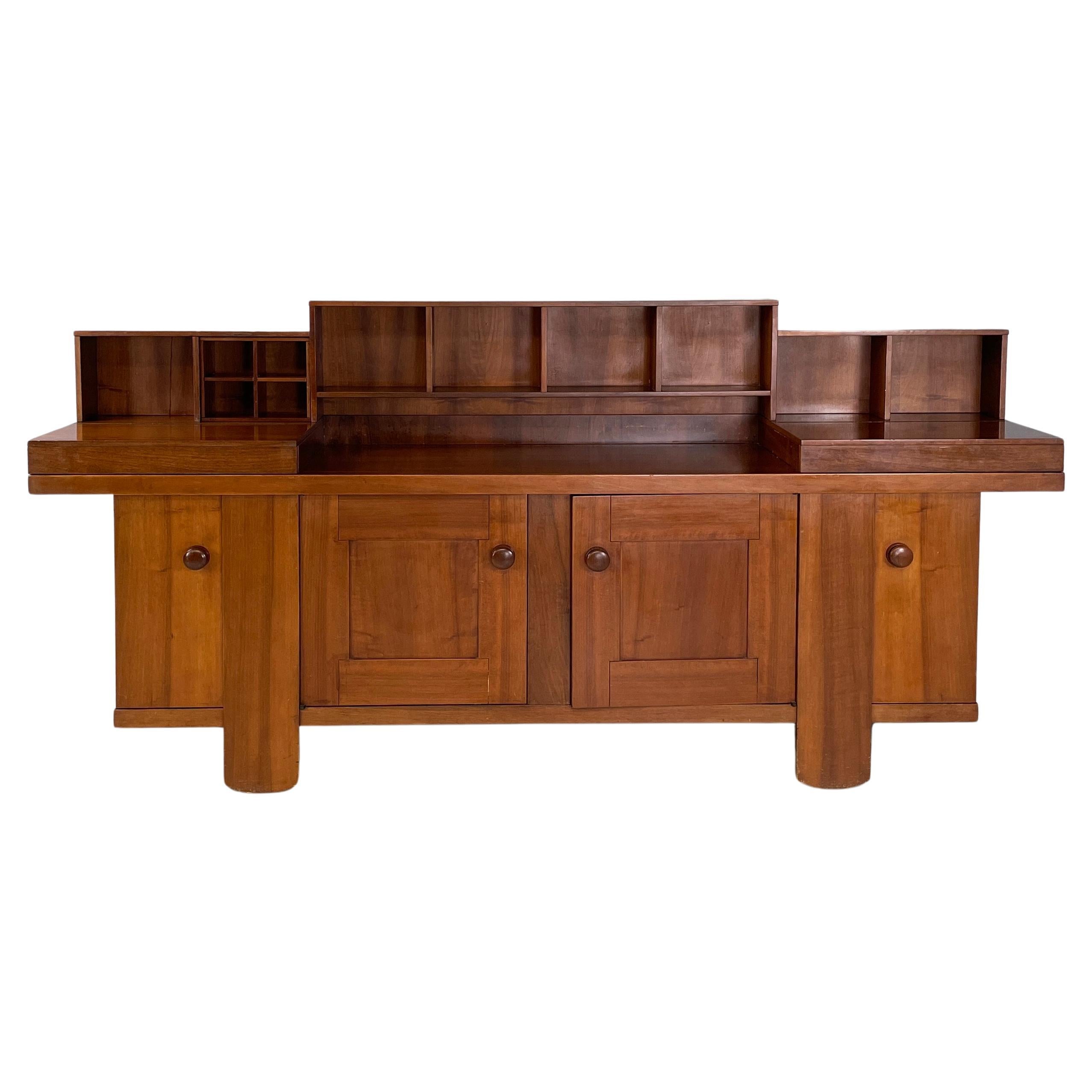 Italian midcentury modern wood and brass sideboard with drawers and