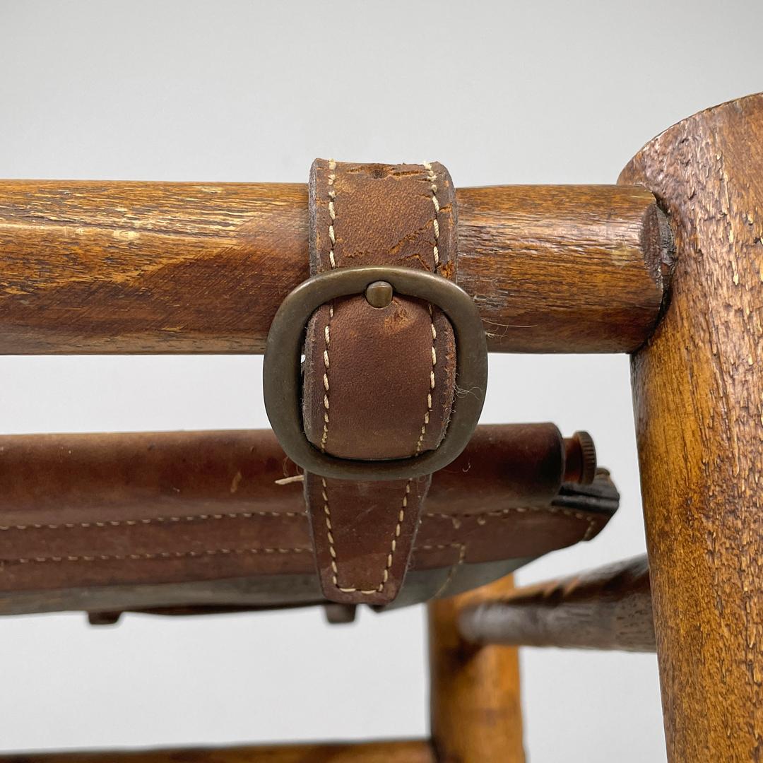 Tabouret italien en bois et assise en cuir brun avec sangles, The Moderns, années 1950 en vente 8