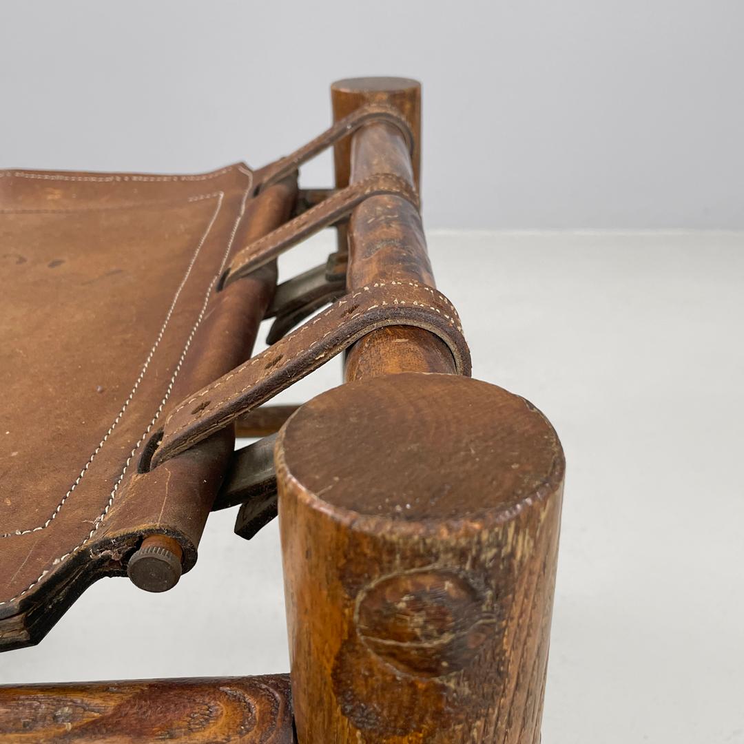 Tabouret italien en bois et assise en cuir brun avec sangles, The Moderns, années 1950 en vente 3
