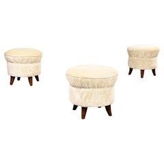Italian Mid-Century Modern Wooden 51 Poufs in Beige Fabric, 3 Pieces, 1960s