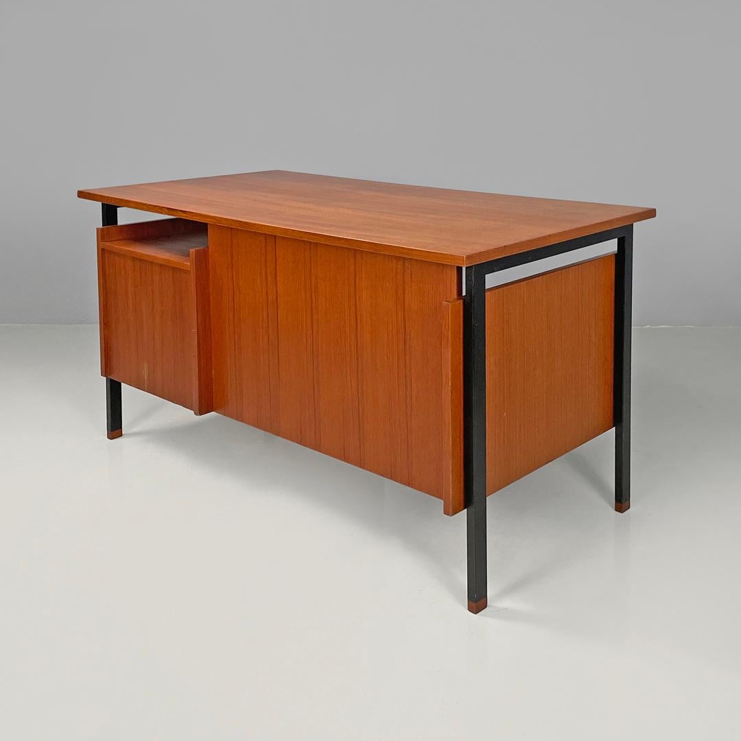 Mid-20th Century Italian mid-century modern wooden and black metal desk with three drawers, 1960s For Sale