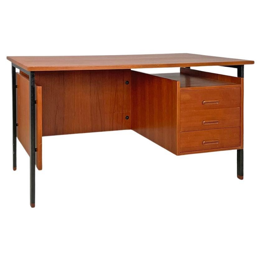 Italian mid-century modern wooden and black metal desk with three drawers, 1960s