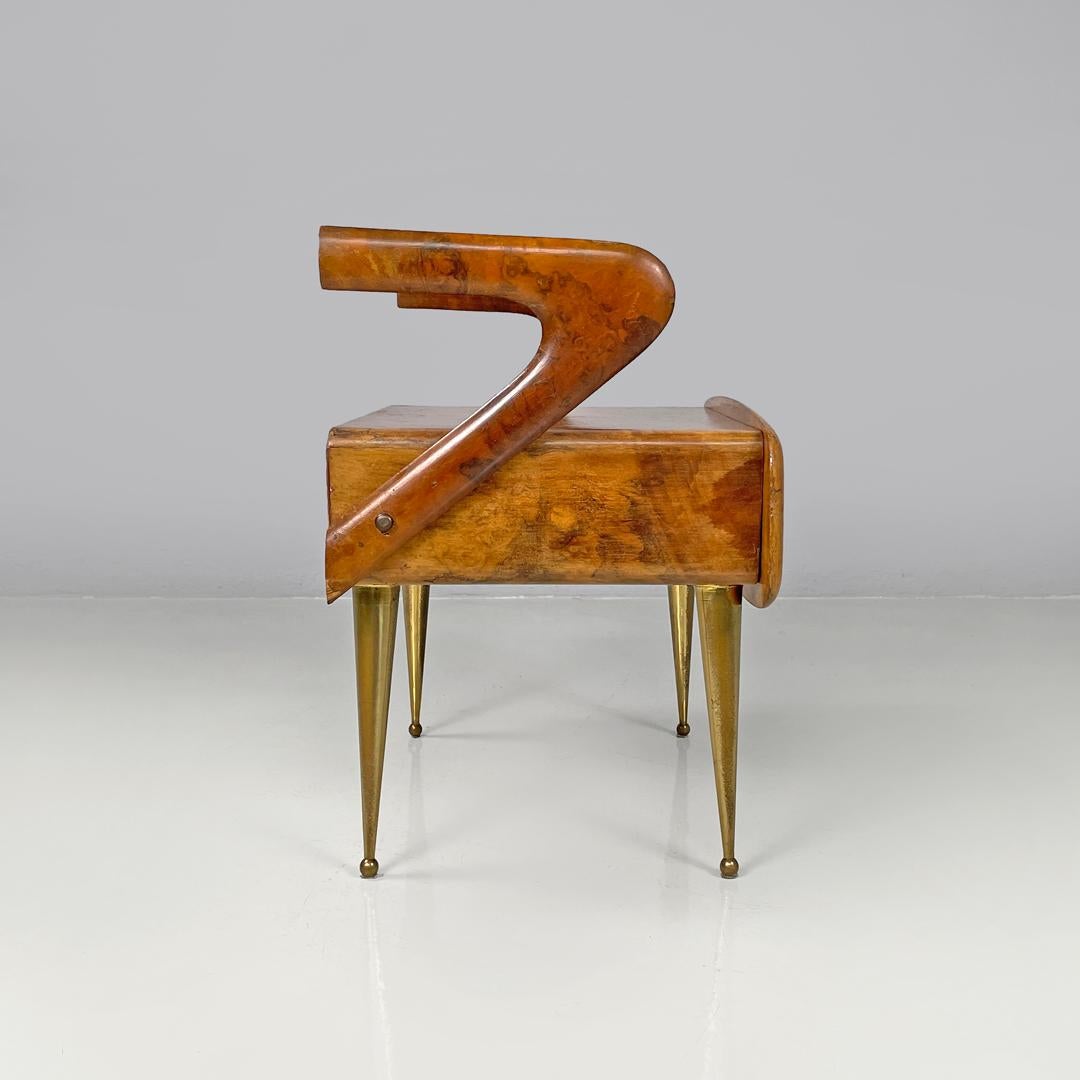 Brass Italian mid-century modern wooden and brass nightstands with glass top, 1950s For Sale