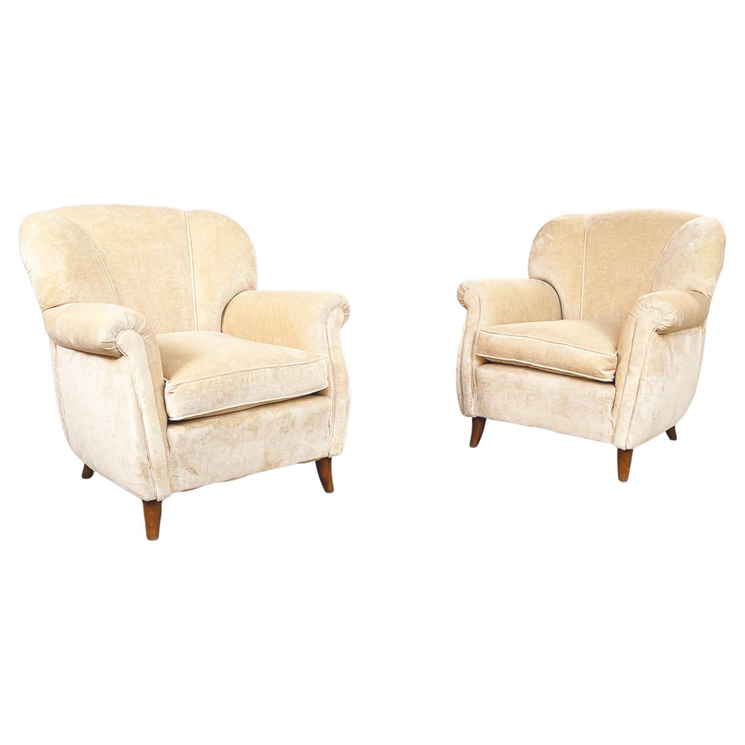 Italian Mid-Century Modern Wooden Armchairs in Beige Fabric, 1960s For Sale